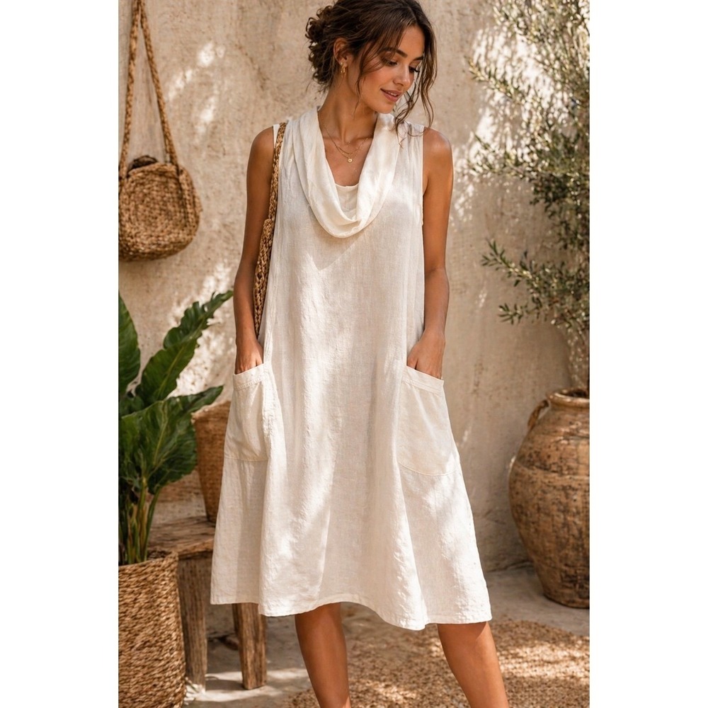 Mosaic USA Linen Dress XL White Sleeveless Cowl Neck Pockets